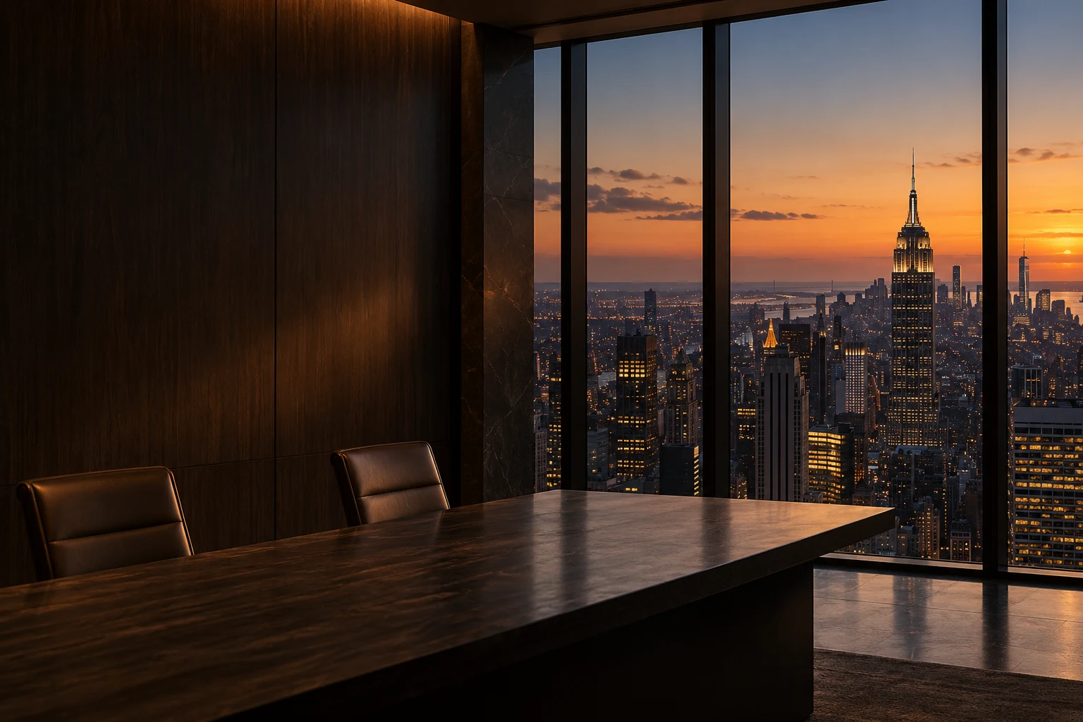 Illustrative executive interior overlooking the Manhattan skyline at dusk