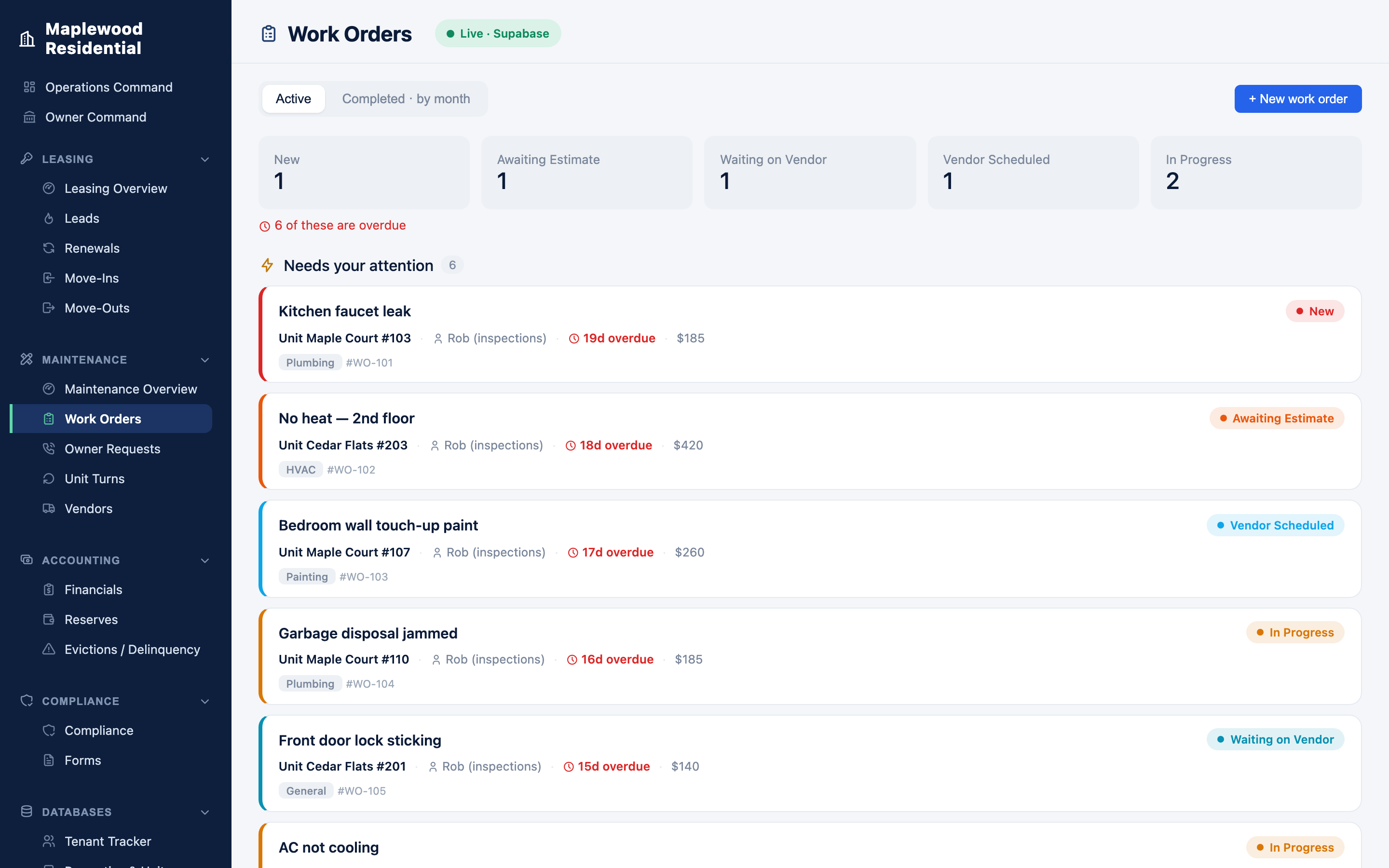 In the Hub, work orders route, schedule, and chase themselves — not through your phone.